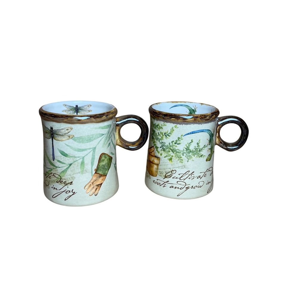 Vintage Cracker Barrel Garden Mug Set Cultivate Deep Roots Dragonfly Lizard 2pc
